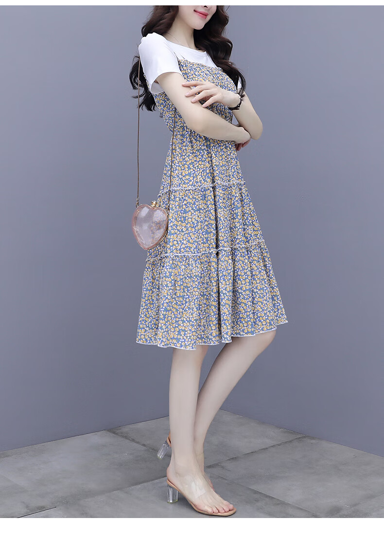 夏季新款韩版假两件碎花连衣裙女时尚拼接圆领褶皱a字裙潮 红花 s