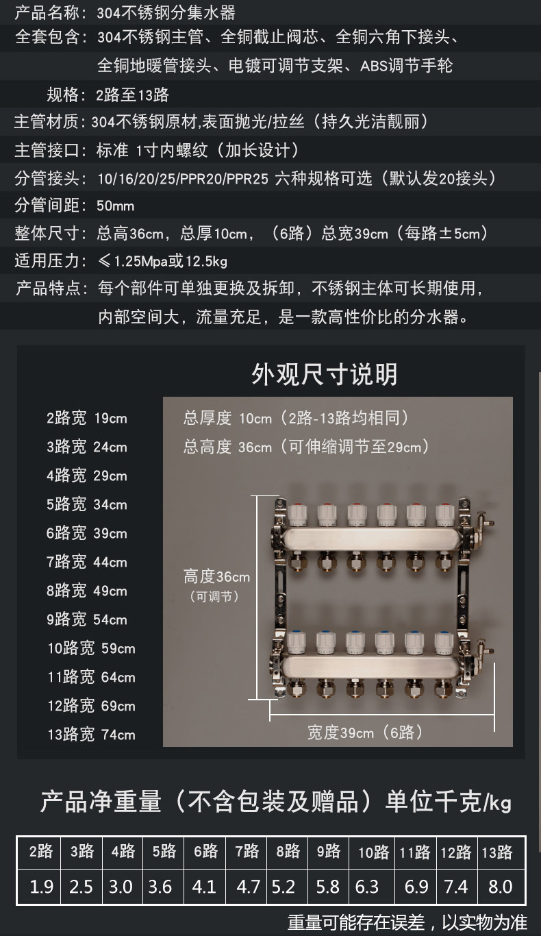 家用白鋼304不鏽鋼地暖分水器大流量暖氣片分集水器4路5路6路7路12路