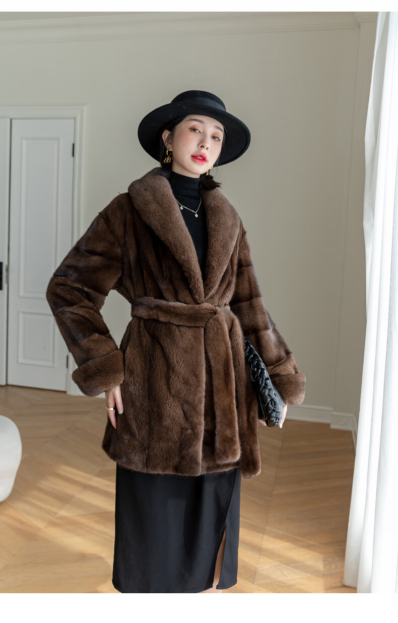 odybird品牌女装水貂皮草外套女古着风貂皮大衣整貂中长款翻领 咖啡色