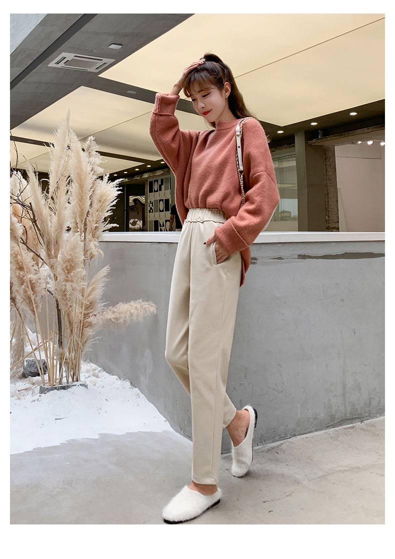 浪莎毛呢哈伦裤女直筒九分小脚奶奶裤加厚加绒裤子2021秋冬季新款女士