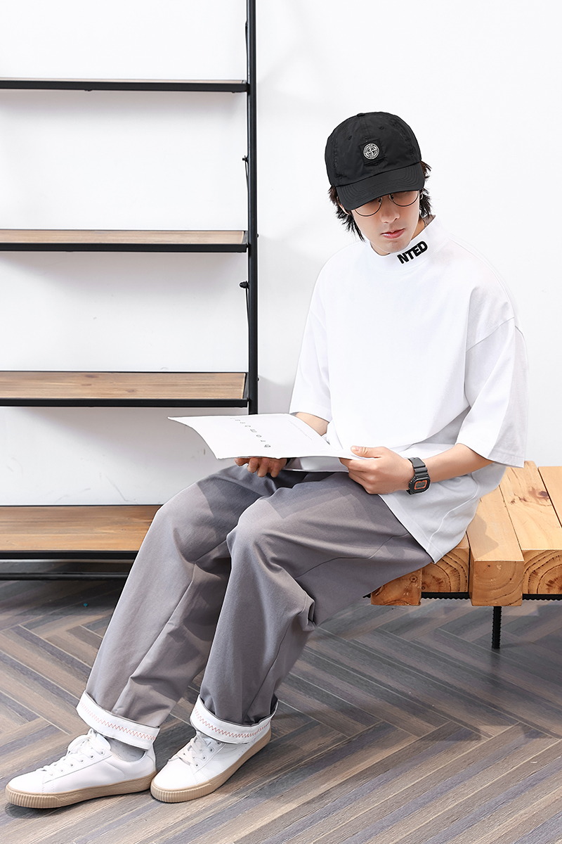 nted纯色半高领刺绣t恤男纯棉oversize短袖情侣款宽松not to exceed