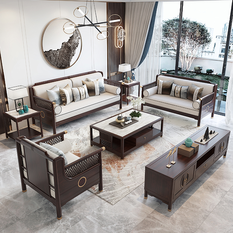 淘苏 新中式实木沙发现代轻奢转角贵妃椅客厅大小户型三人布艺家具