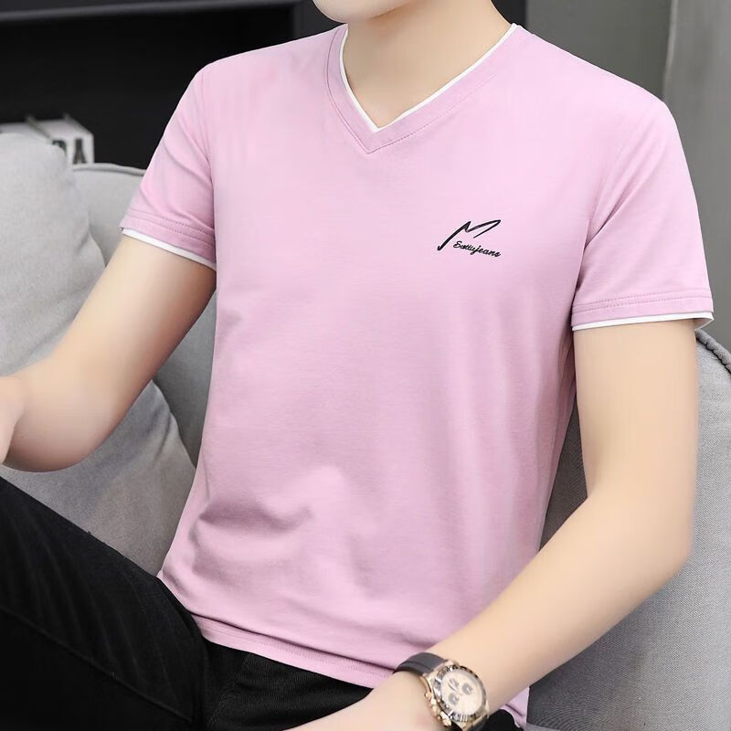 锦天豪客2021男士短袖t恤衣服夏季 2件装)v领t恤衫男生短轴百搭纯色