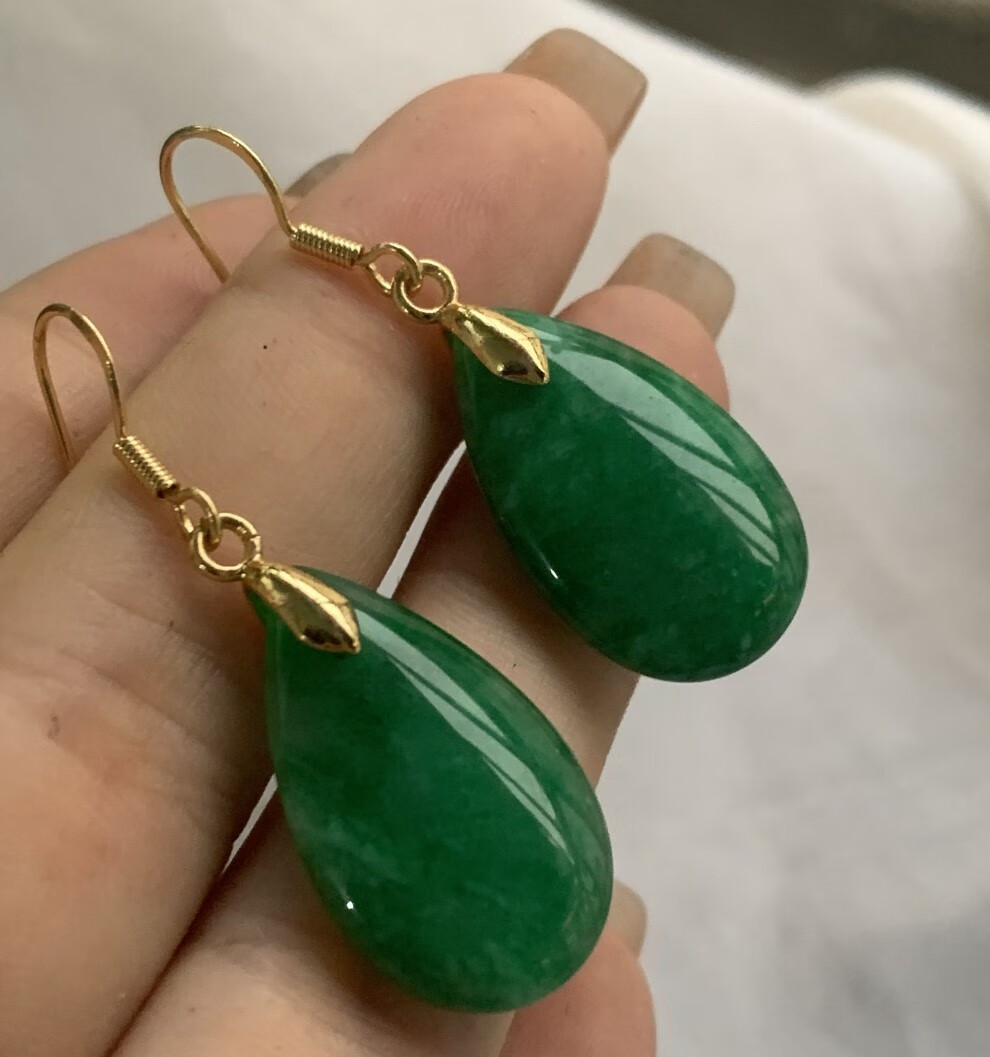 素聚银干青翡翠耳环女新长款辣绿水滴玉耳坠饰品防过敏妈妈生日礼物
