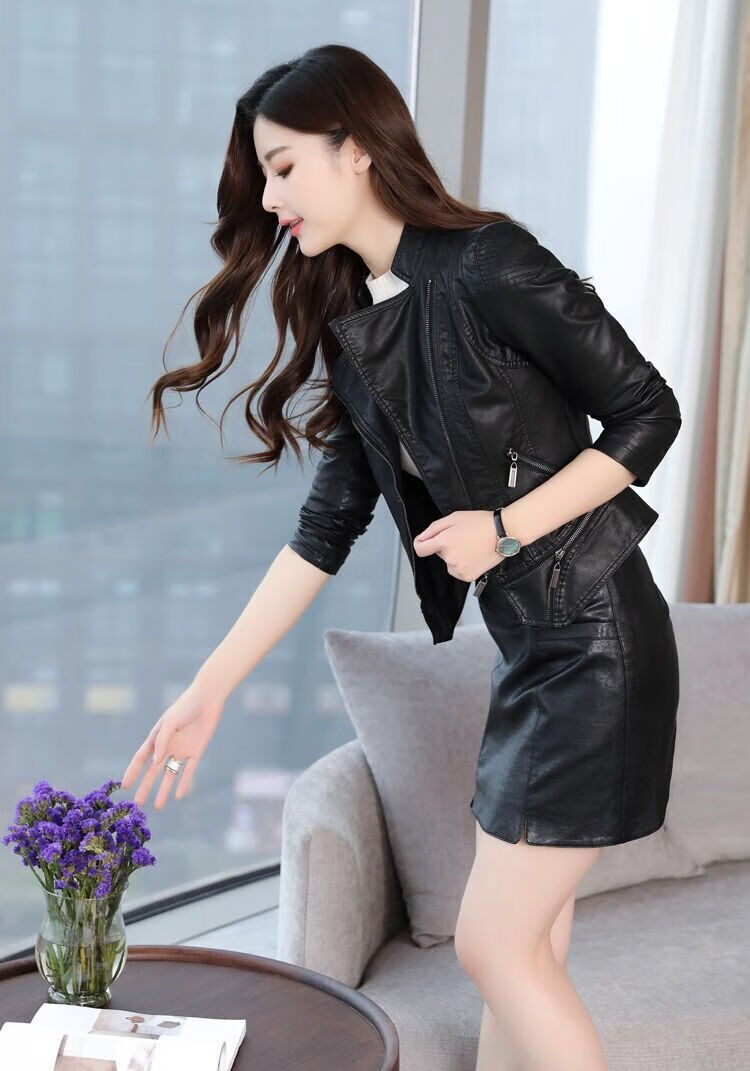 皮衣装20秋季新款套装女夹棉皮衣外套女短款修身皮夹