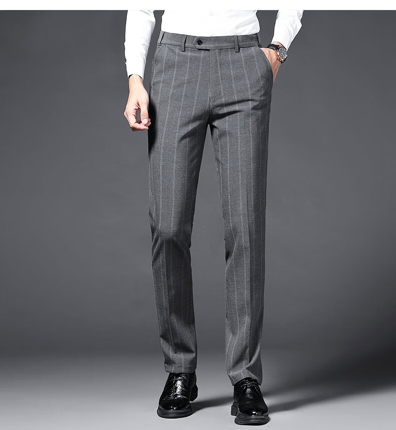 男生潮流休闲男士正装西裤商务时尚绅士修身微弹条纹休闲西裤男 灰色