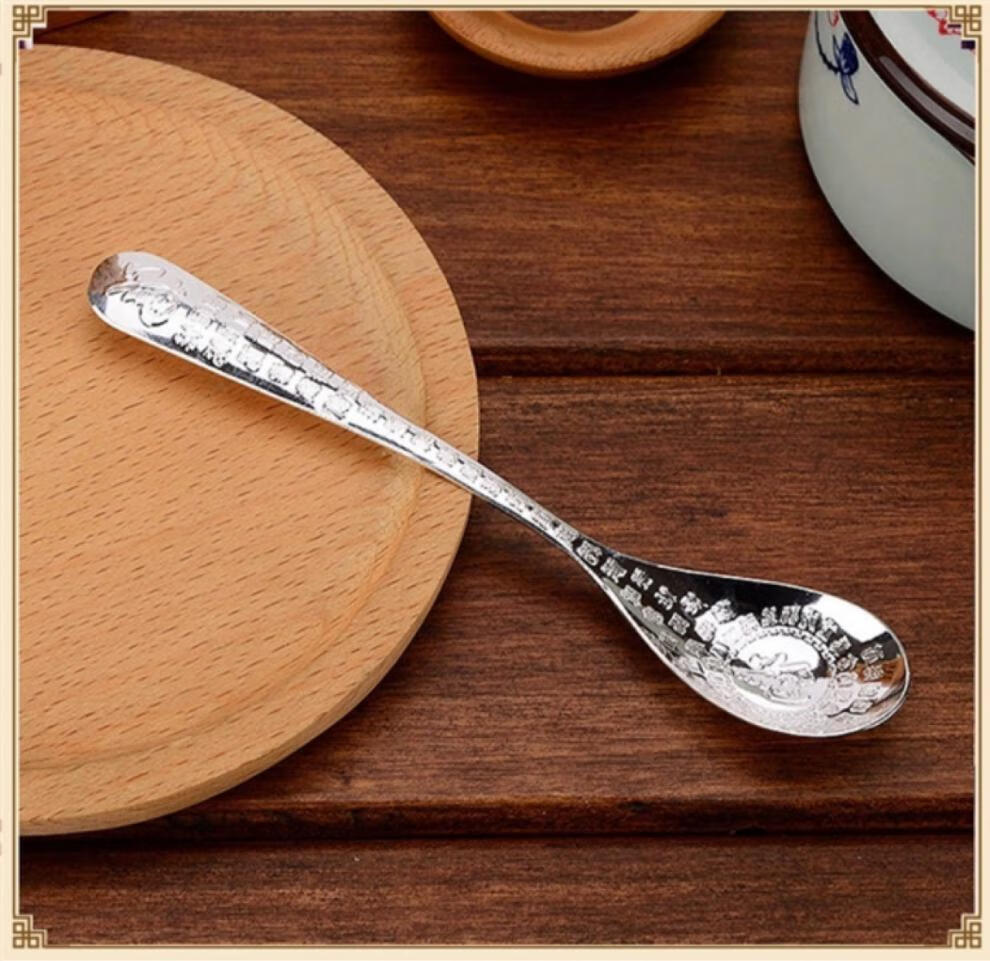 恒致 中国银都老凤祥风格999纯银勺子 实心足银餐具 足银宝宝饭勺儿童