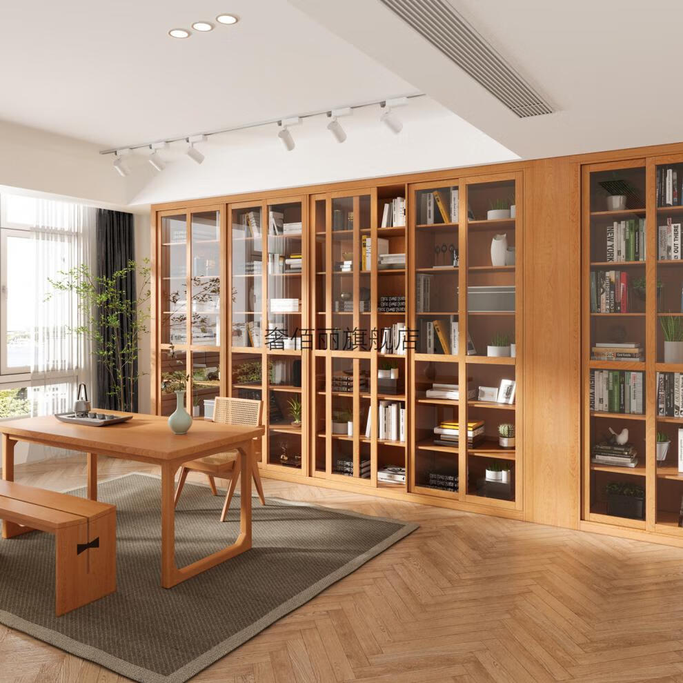 原木色日式书柜墙日式原木书柜定制整墙满墙全实木书柜带玻璃推拉门