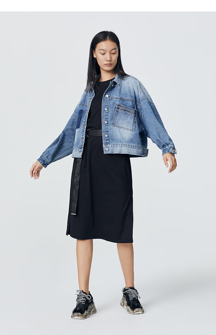 新】艾莱依2021春夏新款复古短款牛仔服女修身小个子韩版休闲牛仔外套