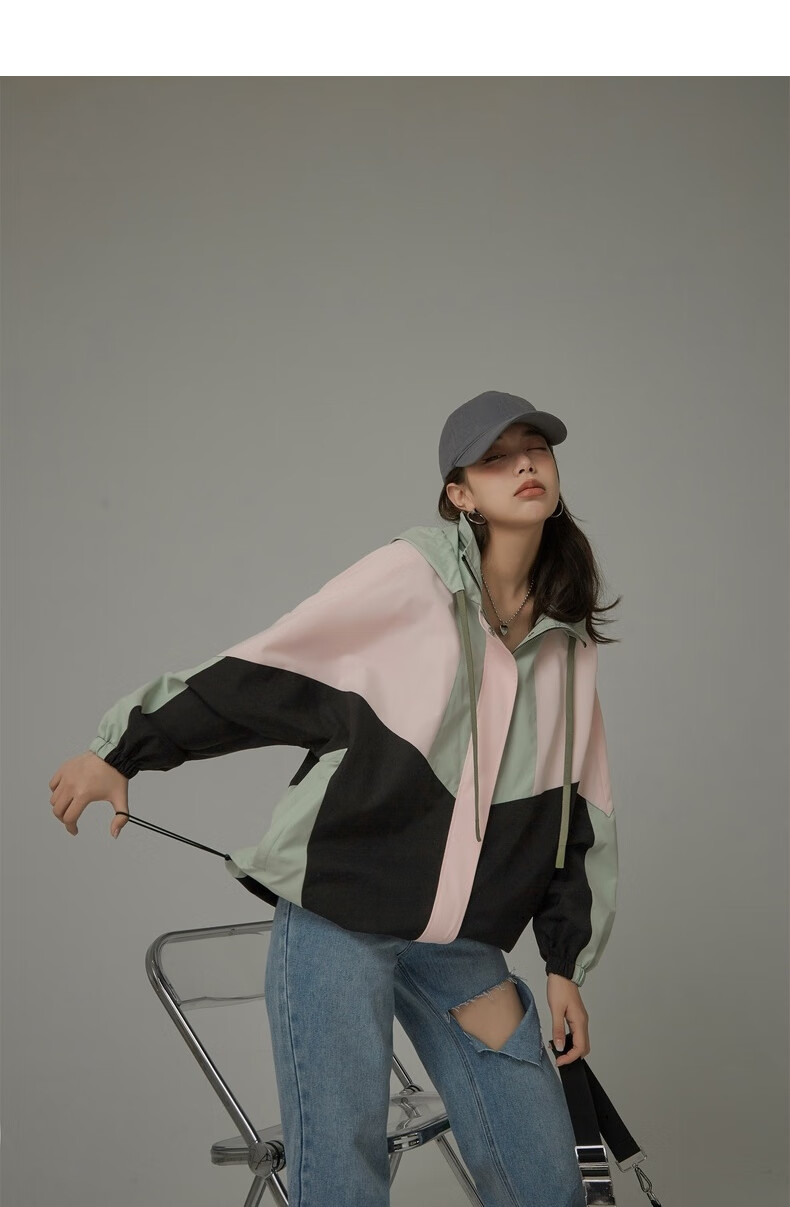 chuu撞色宽松棒球服女年新款春季韩版百搭bf夹克外套连帽上衣绿色s