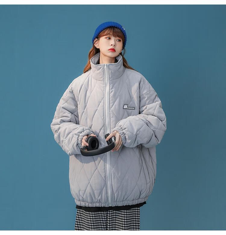 125954-奶黄色棉服女chic韩风冬季加厚菱格外套2021新款oversize立领棉衣 绿色 L-详情图