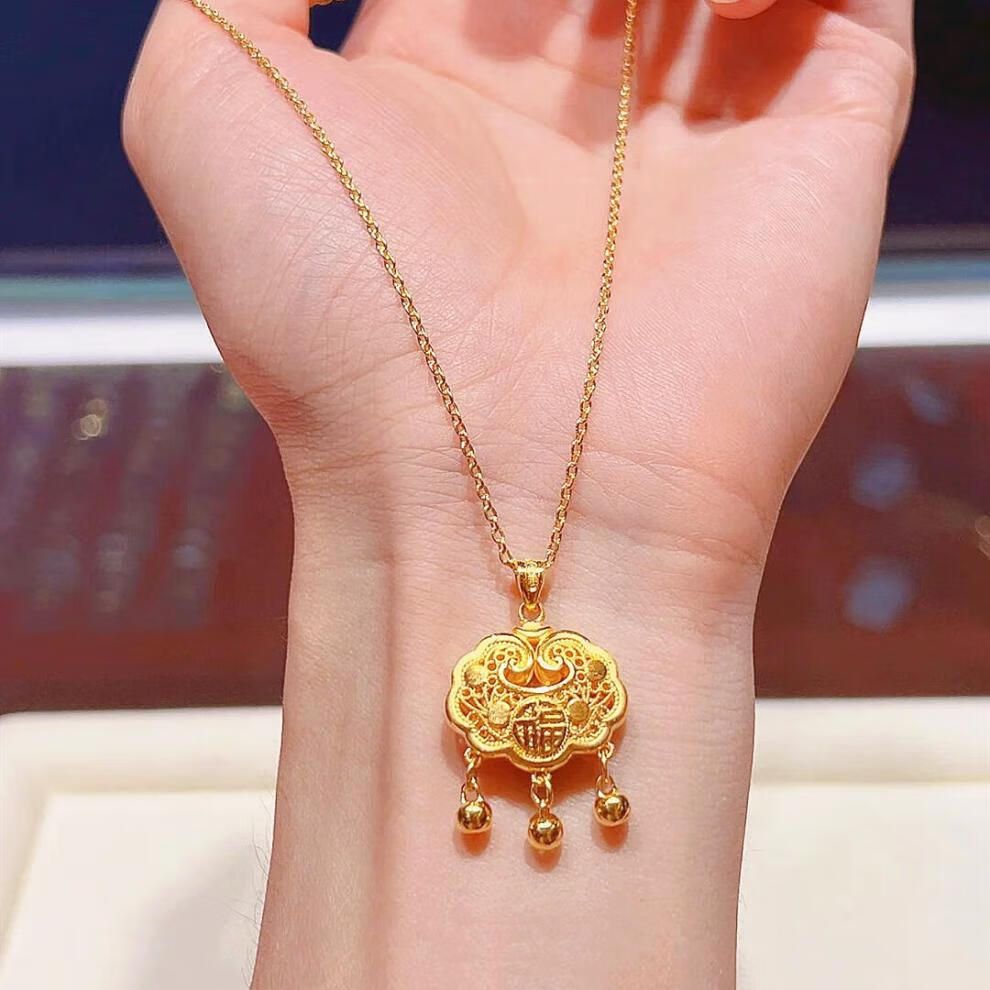 芠拉(wl)如意长命锁项链小金锁女纯黄铜镀金越南沙金设计感小众锁骨链