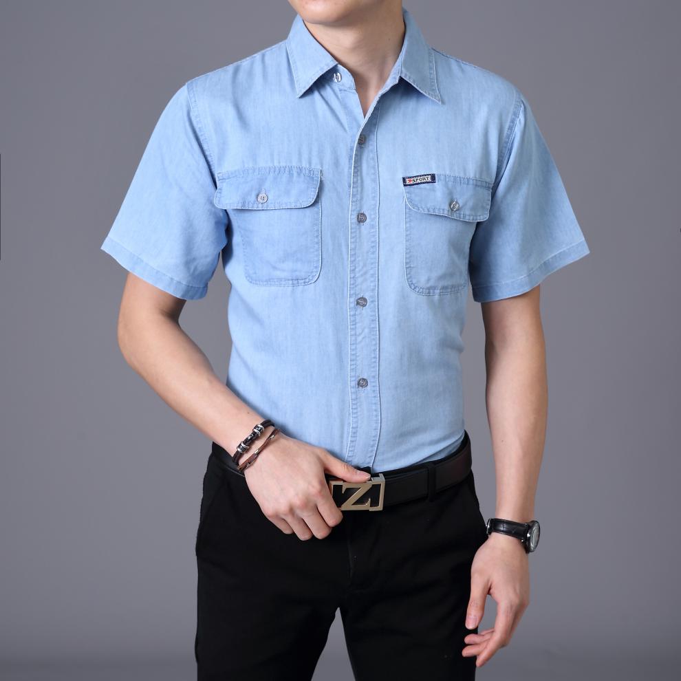 男装 衬衫 俪宝文 牛仔衬衫男学生夏季工作服薄款舒适简约风耐磨潮 深