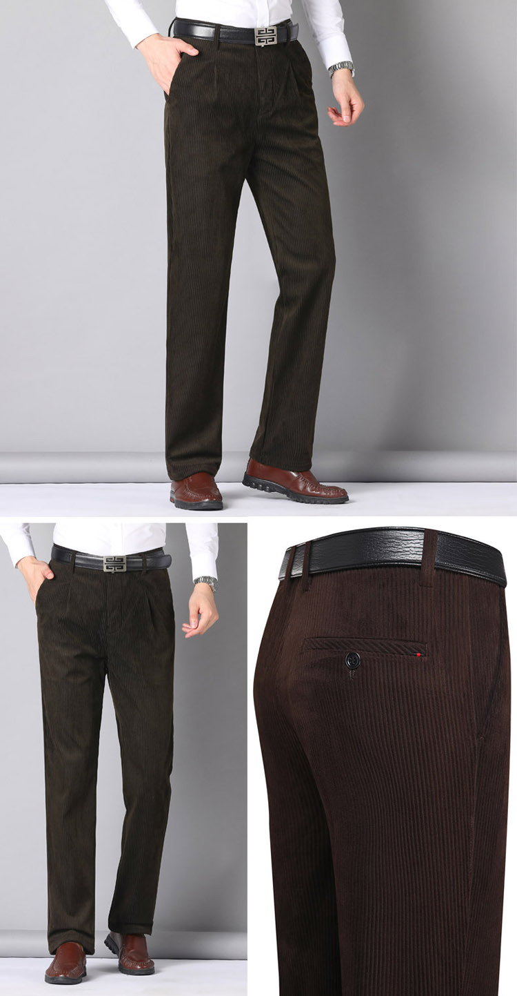 虎都男装灯芯绒男裤子秋季厚款简约休闲中年男士休闲裤直筒纯色加绒