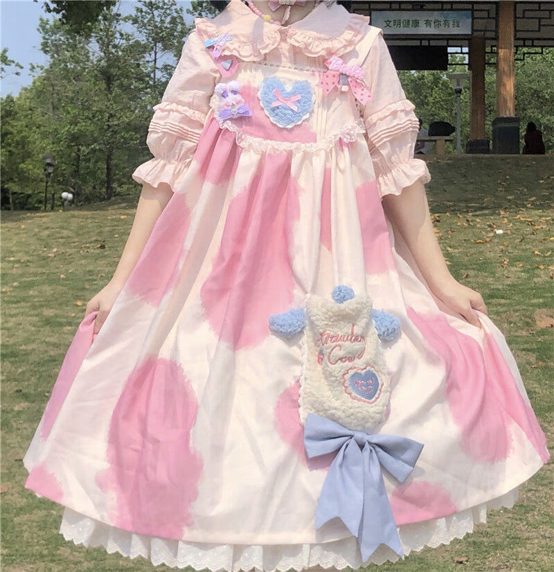 印花小奶糕lolita连衣裙吊带裙洛丽塔裙黑色背带发箍飞机盒蝴蝶结均码