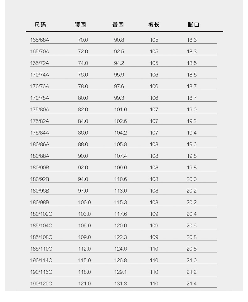 九牧王西裤尺码表图片