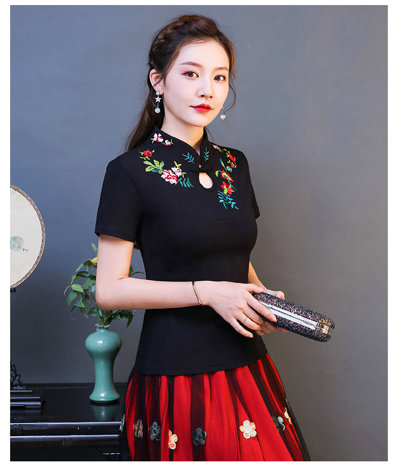 棉麻小衫民族风女装复古中国风刺绣上衣夏季新款绣花t恤女上衣玫红色m