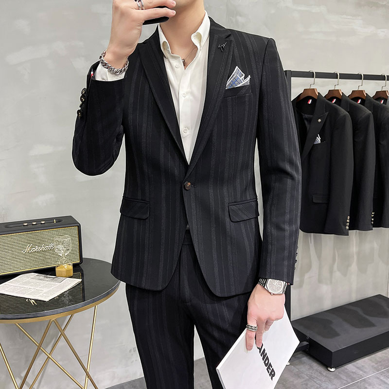 雅鹿西服男套装新郎结婚礼服修身西装两件套商务正装潮 黑色 l