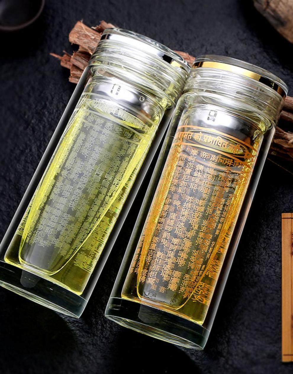 欢韵(hy)(du ti)布达哈大悲咒水晶杯六字大明咒活水杯双层厚耐热钢化