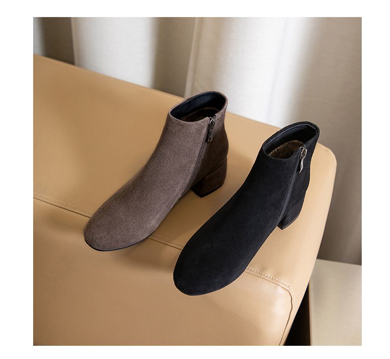 贺世哲女士翻毛皮加厚棉鞋冬季加绒磨砂方头小跟短靴粗跟低跟大码女鞋