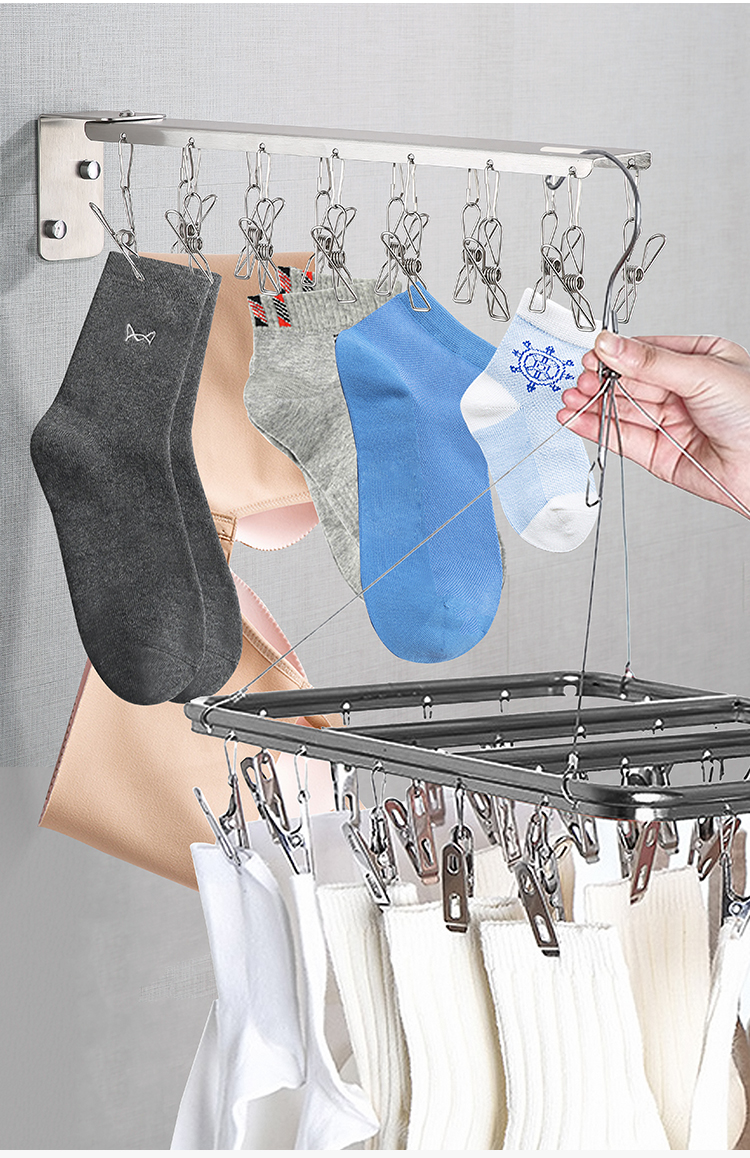 袜子架子不绣钢可伸缩折叠多夹不锈钢袜子架靠墙多功能晾衣架多夹子