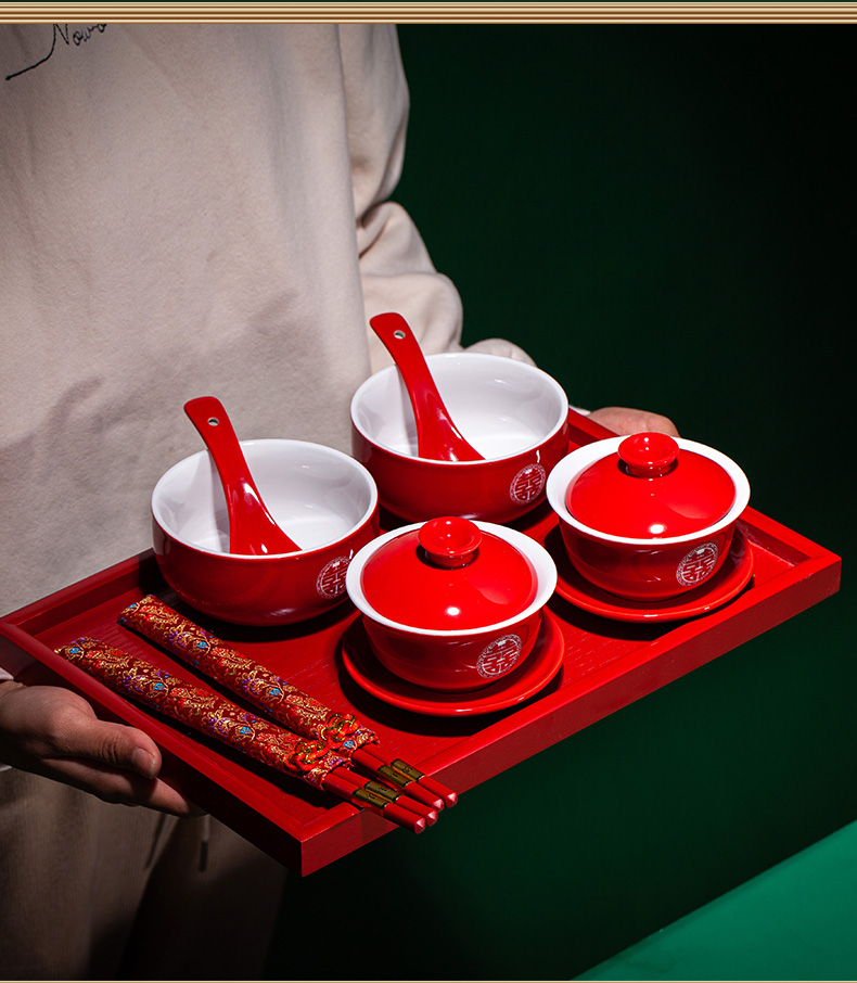 喜碗喜杯套装结婚改口敬茶杯新人一对红色盖碗喜碗新婚对碗喜杯套装