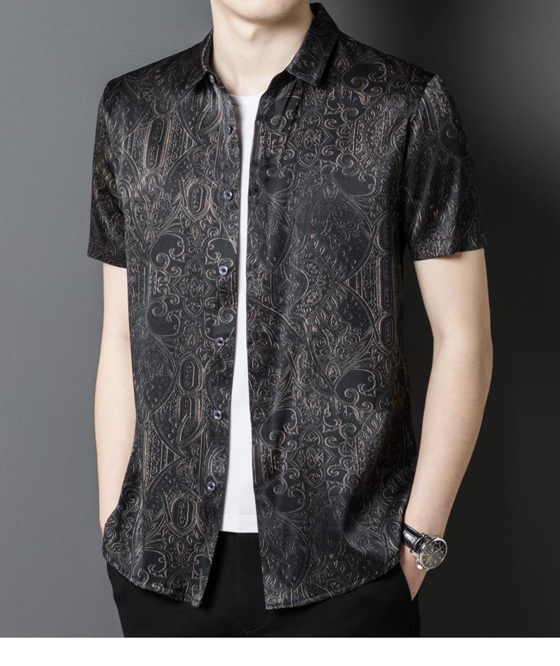 西克界轻奢品牌高档桑蚕丝短袖衬衫男夏季新款商务休闲男士真丝印花