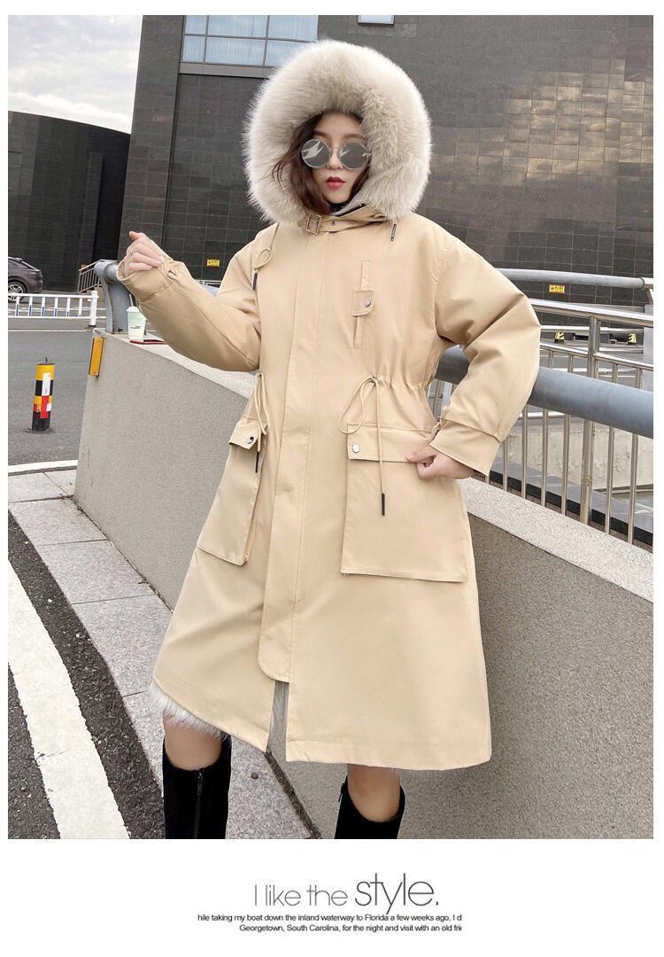 茵侈派克服女新款2021秋冬季过膝长款仿狐狸毛内胆可拆卸皮草保暖大衣