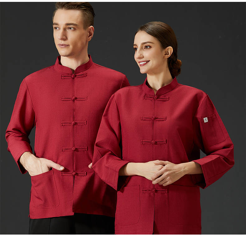 中式厨师服 中国风大码长袖厨衣亚麻布扣厨师工作服男秋餐厅饭店厨房