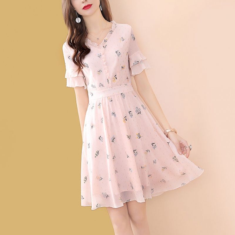 粉色领雪纺碎花连衣裙女夏中长款2021新款时尚气质夏天流行裙子 粉红