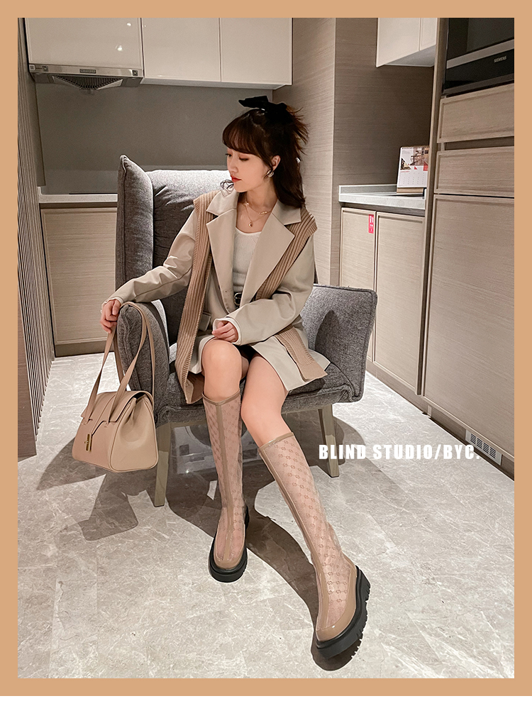 厚底网纱长靴女2021夏小个子不过膝印花高筒靴镂空松糕凉靴子 杏色 34