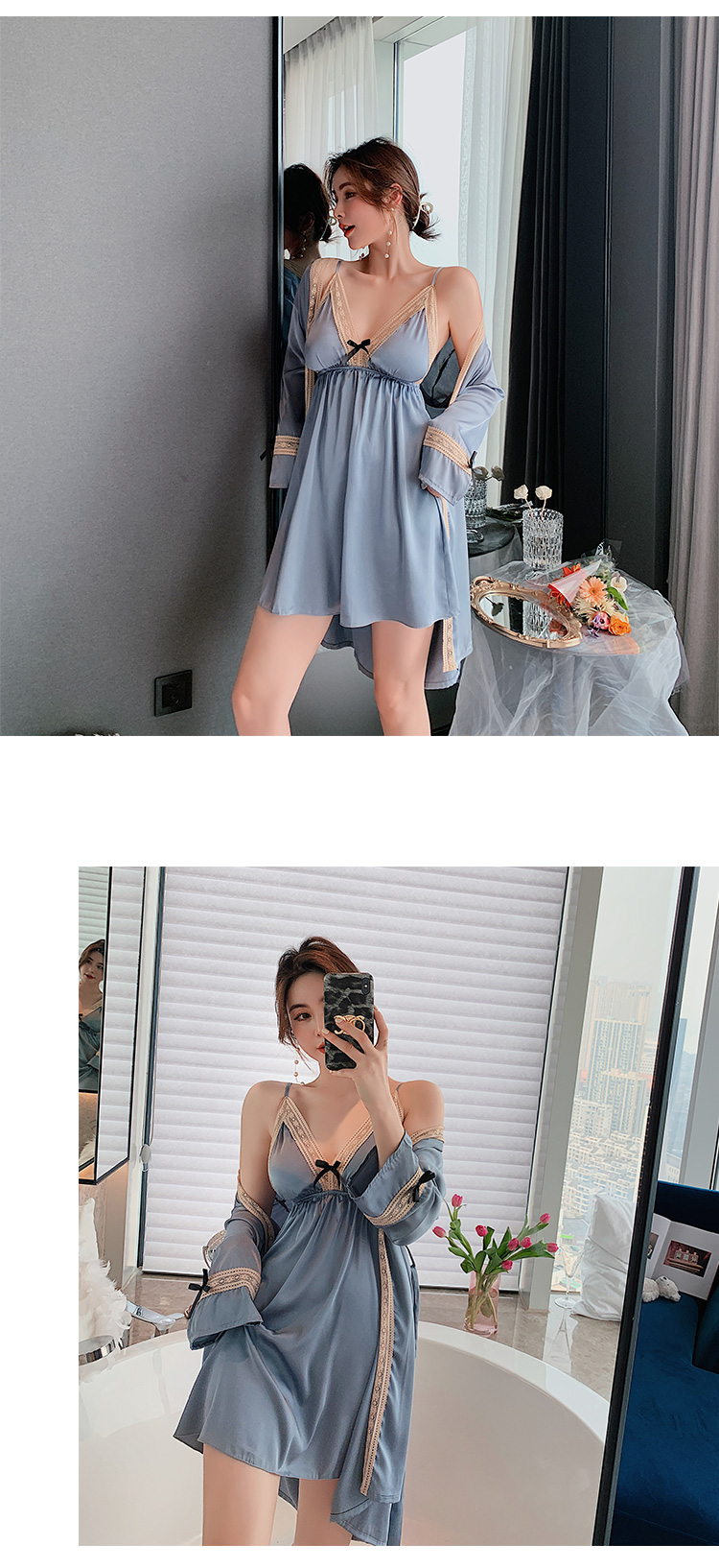 PEANOJEAN2021春季新品性感女神吊带睡裙两件套冰丝薄款纯色蕾丝睡衣带胸垫6833 灰蓝 160(M)