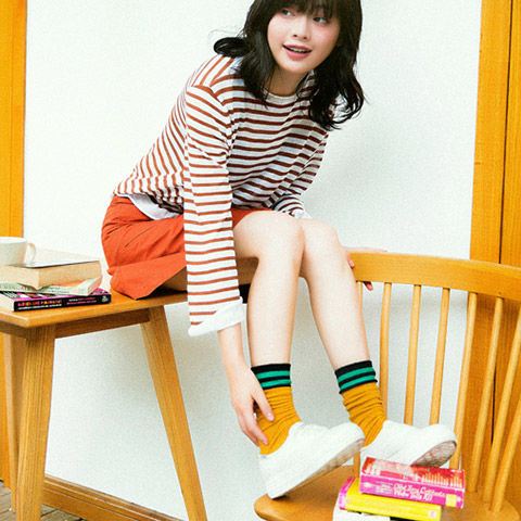 幂系白色小孩长袜子童中筒袜过膝童薄款韩版针织涤其它袜黄底藏青浅绿