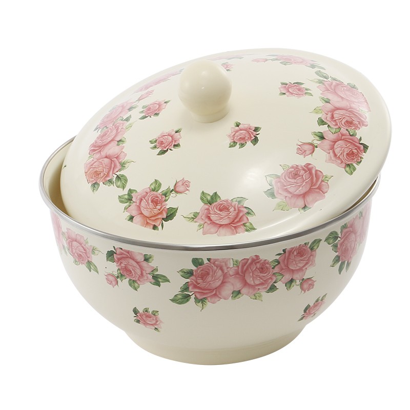 加厚搪瓷碗带盖怀旧珐琅碗盆复古老式猪油碗搪瓷盆高盖带盖汤碗家用