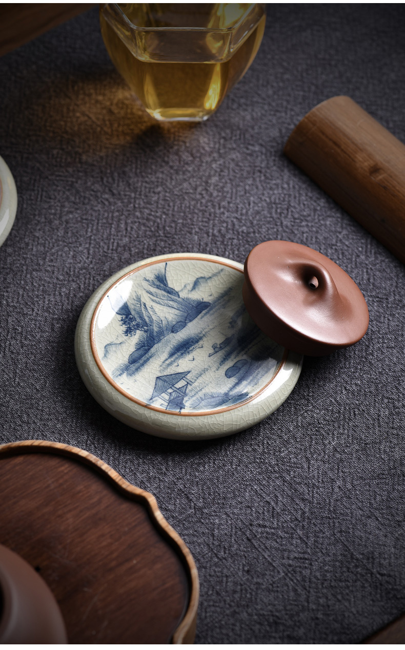 景德镇盖置 景德镇汝窑手绘盖置仿古陶瓷壶托日式功夫茶道配件茶杯垫