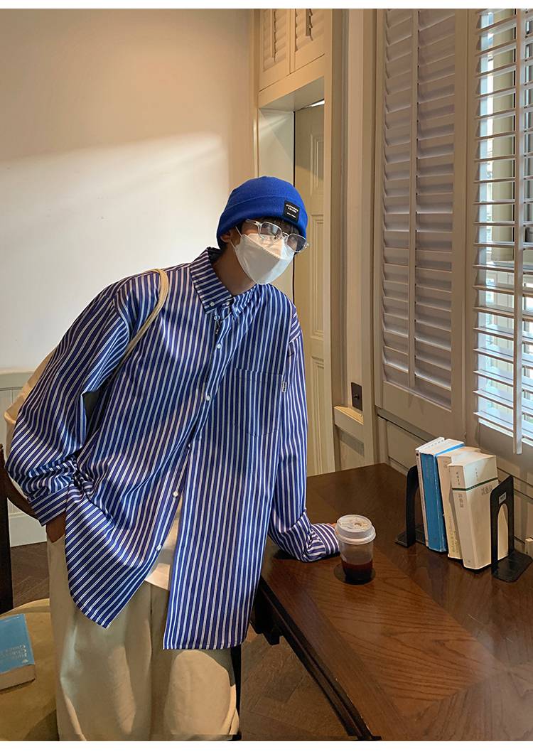 南极人条纹衬衫男ins港风长袖内搭穿秋冬休闲外穿男士潮流打底上衣