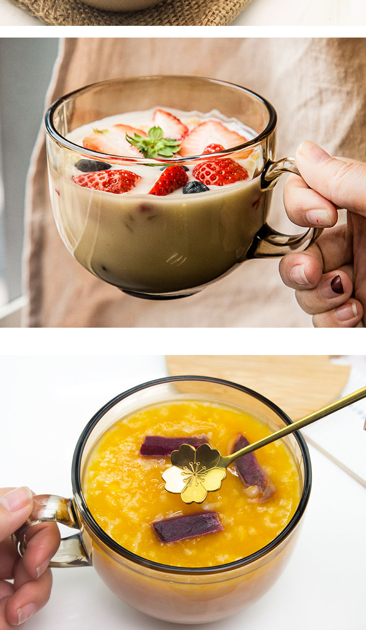 冲泡杯 藕粉杯子和勺子早餐杯水杯女家用杯子玻璃杯透明带盖带勺子大
