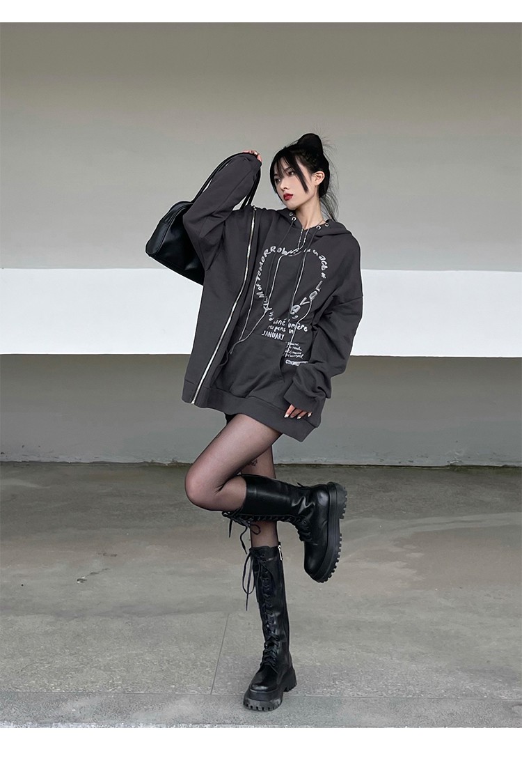 幽灵少女oversize黑色卫衣女加绒中遮屁股幂式穿搭甜辣酷秋冬灰色m