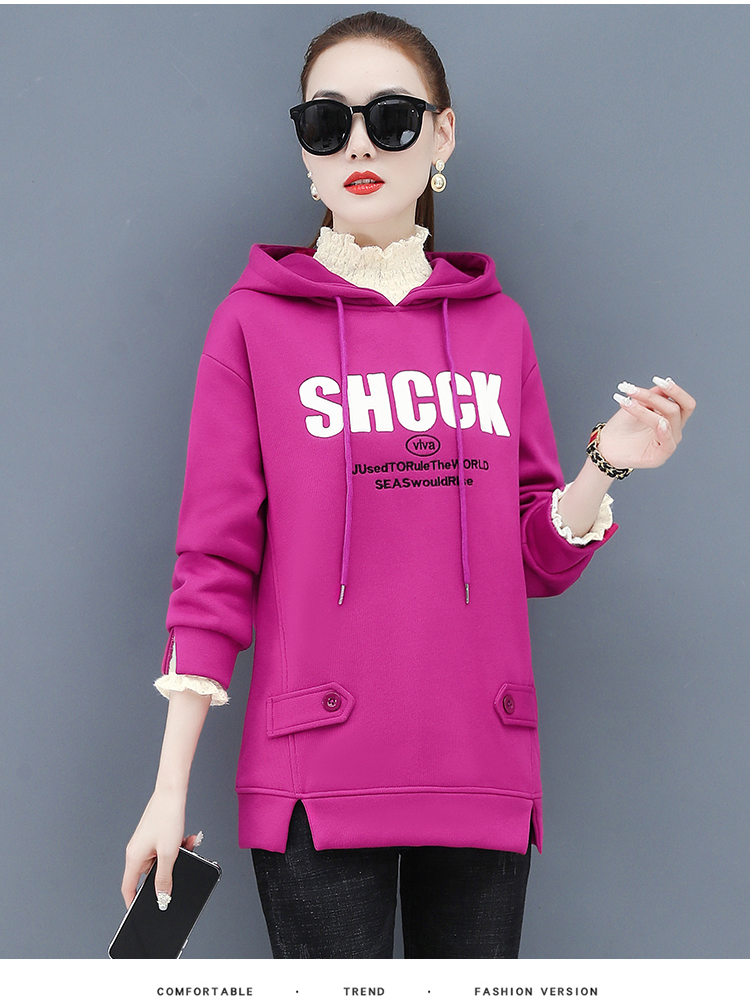 新款卫衣女加绒加厚国潮中国风2021宽松刺绣慵懒风连帽上衣紫红色l