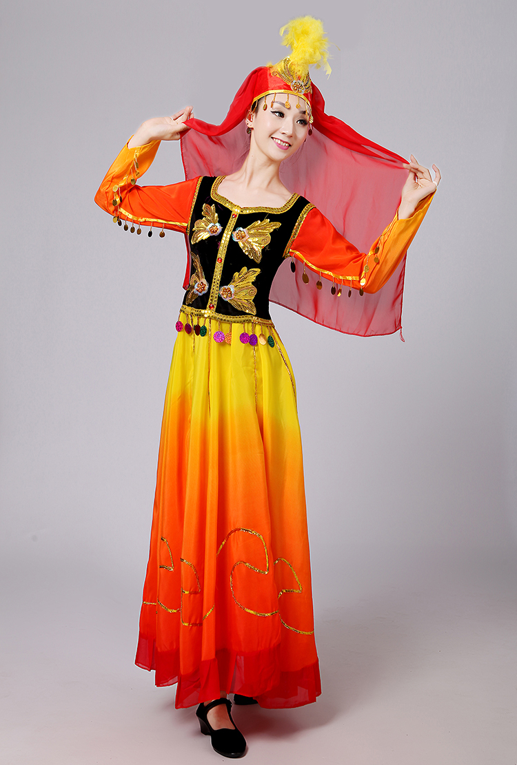 维吾尔族舞蹈服装女艺考新款新疆成人民族风开场舞大摆裙演出服服 玫