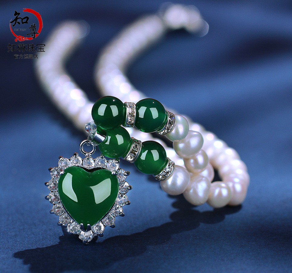 珍珠项链女妈妈款心形绿色吊坠玉髓送婆婆母亲节礼物 绿色珍珠项链