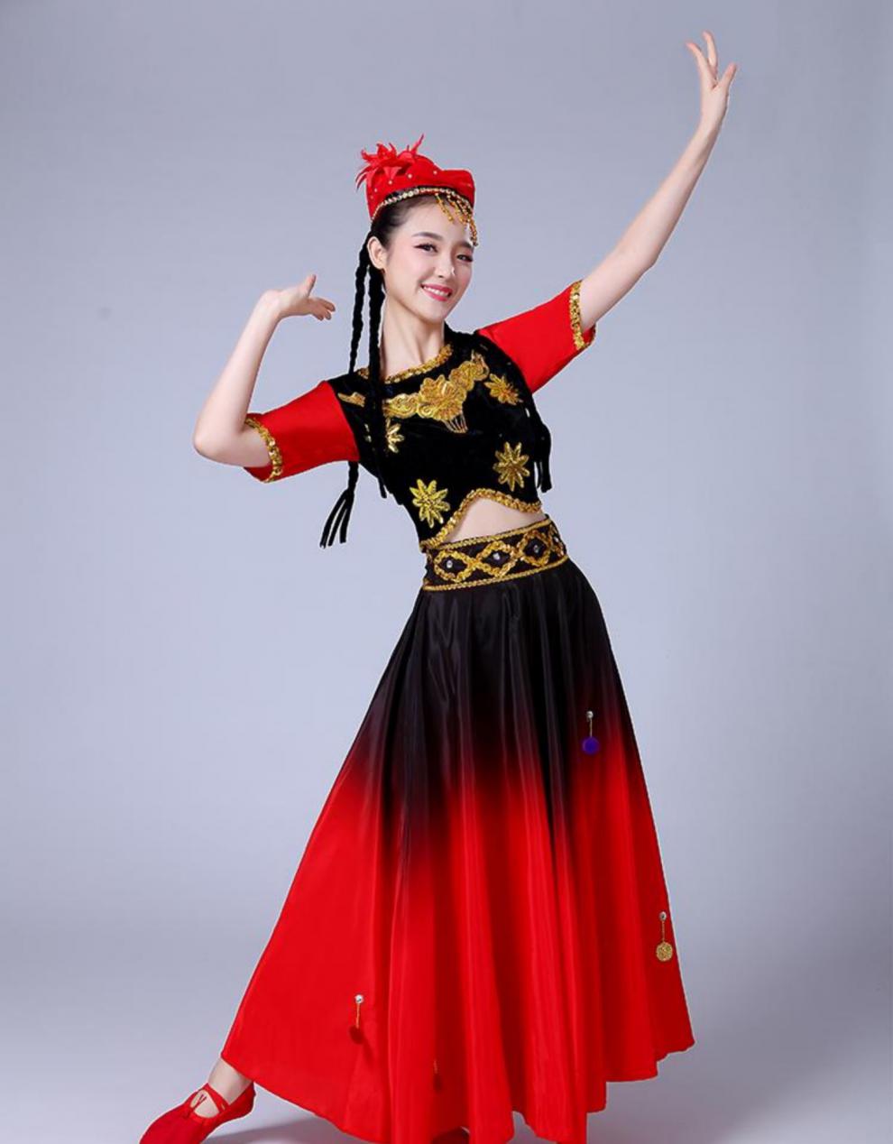 新款新疆维吾尔族舞蹈演出服装女装少数民族舞台演出饰2021黄色s