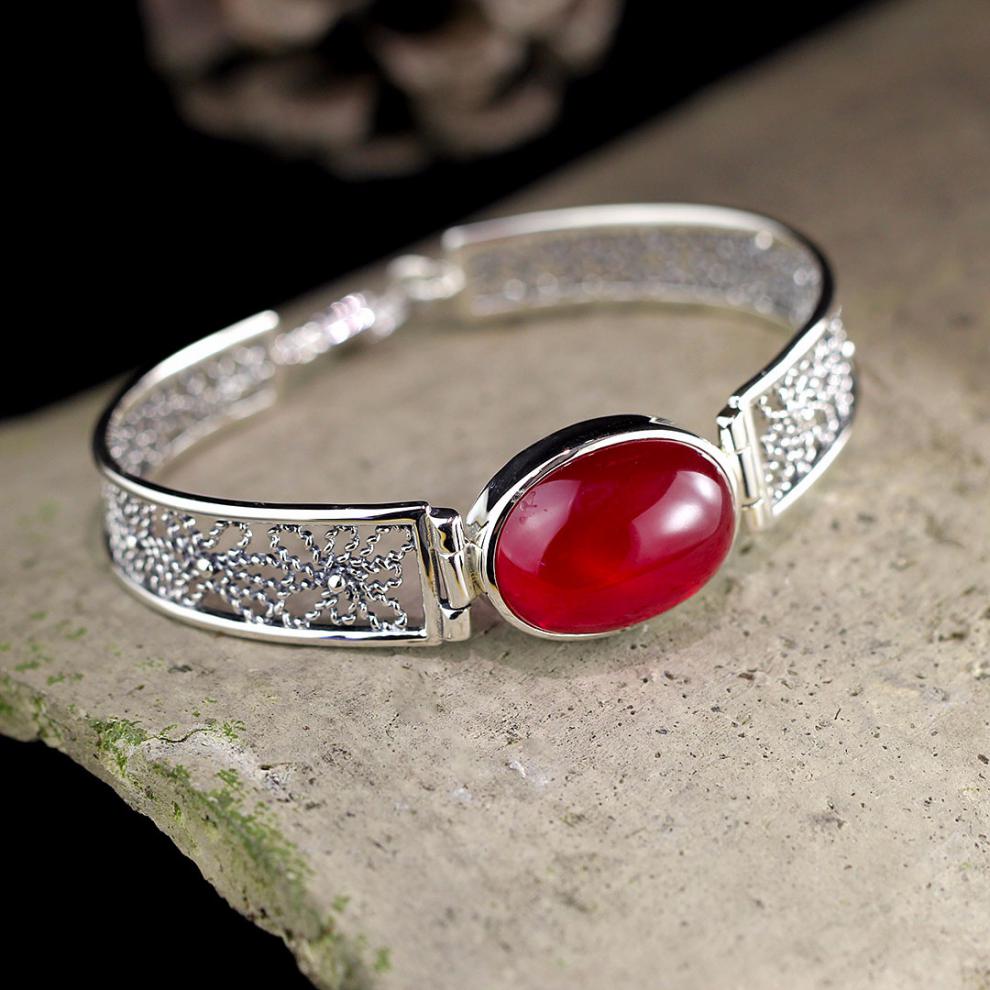 祥美瑞 s925银饰品泰银创意设计手工镂空女士红刚玉手镯 红刚玉手镯