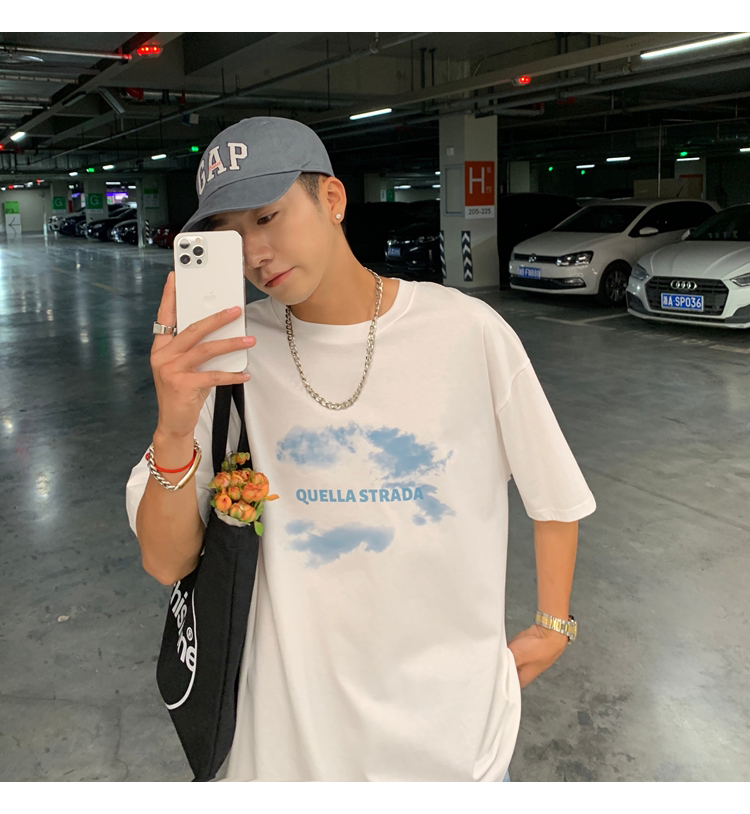 短袖t恤男夏季潮牌ins港风印花体恤宽松百搭痞帅气休闲上衣服白色s