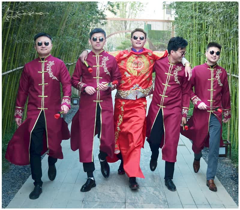 啄木鸟春秋冬季男装新品伴郎服中式结婚礼服中国风绣花复古唐装长袍