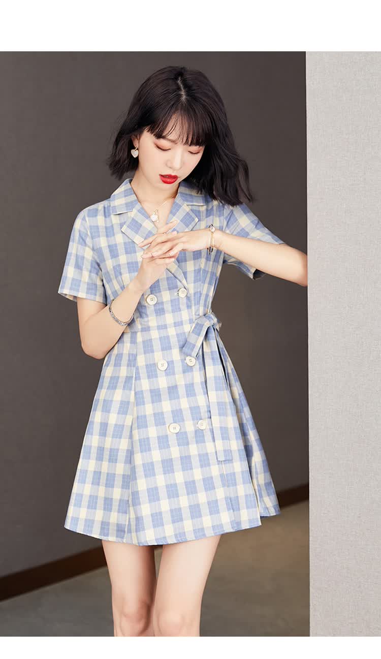 姗朴 连衣裙女格子韩版2021夏季新款时尚休闲女装中长款百搭气质宽松