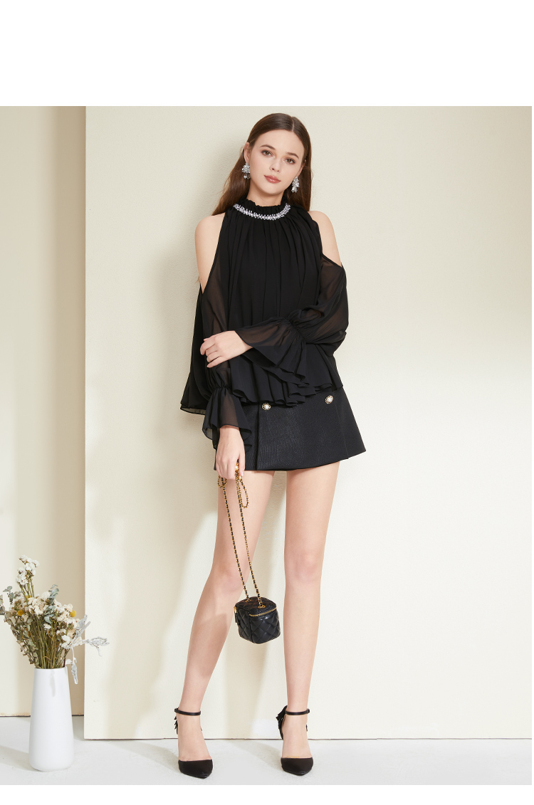 【预售30天内发货】aivei欣贺艾薇21春季新品气质通勤抓褶镶钻露肩