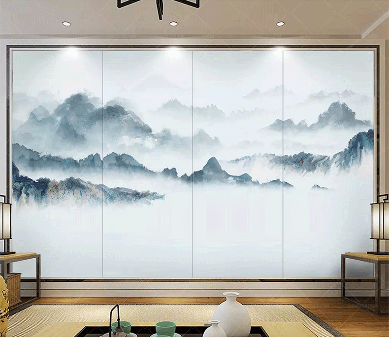 新中式水墨山水画壁纸沙发电视背景墙壁纸办公室酒店茶室影视墙布 4款