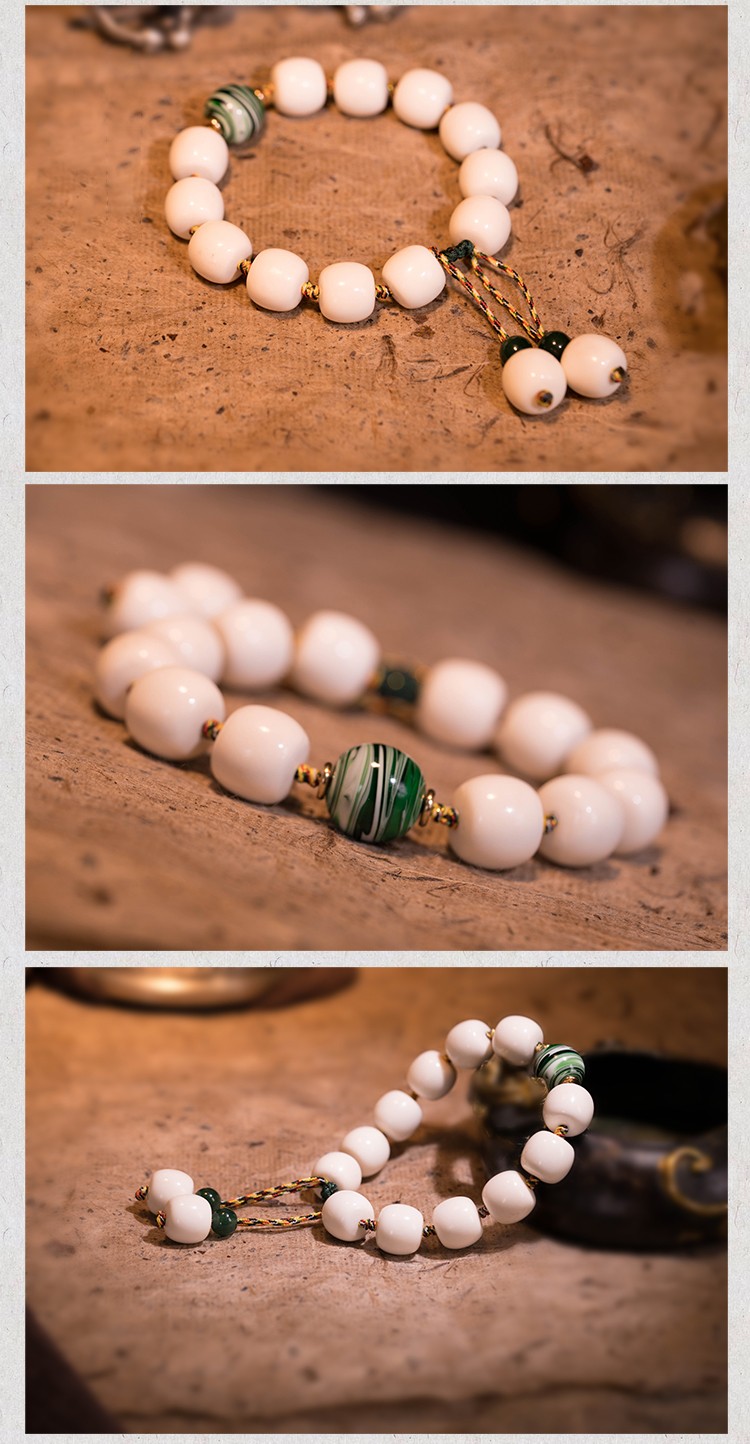 檀福匠 天然老料鹿角手串 藏式顺白鹿角盘佛珠 女男款单圈手链配绿