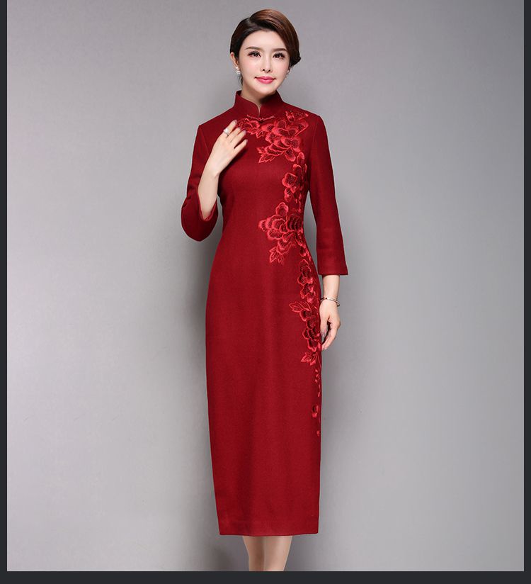 大码妈妈加绒旗袍加厚喜婆婆婚宴礼服气质连衣裙酒红色m建议110斤以内